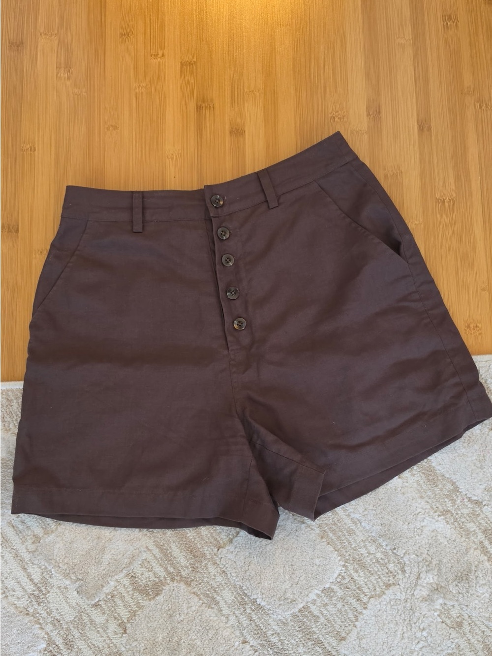 Onia Dark Brown High-Rise Button-Front Shorts